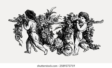 Vintage illustration of two cherubs carrying floral garlands. Detailed cherubs with flowers, cherubs in classic style, cherubs in black and white. Vintage botanical illustration vector.