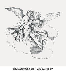 Vintage illustration of two cherubs sitting on clouds. The cherubs have wings and are depicted in a classic, artistic style, emphasizing their angelic nature. Vintage art painting vector.