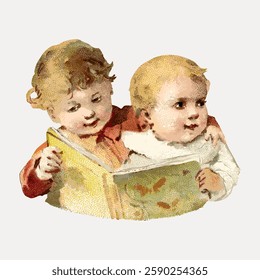 Vintage illustration of two children reading a book. One child has curly hair, the other has short hair. Both children are Caucasian. They are focused on the book. Vintage art illustration, vector.