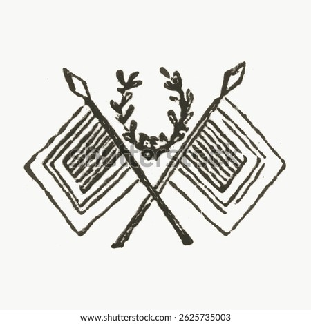 Vintage illustration of two crossed flags with a laurel wreath. Simple, classic design featuring flags and wreath. Black and white flag illustration. Vintage illustration vector.