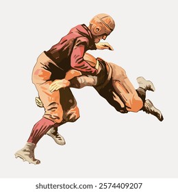 Vintage illustration of two football players in action, wearing classic gear. The players are depicted in a dynamic pose, emphasizing the sport's intensity. Vintage art, isolated vector element.