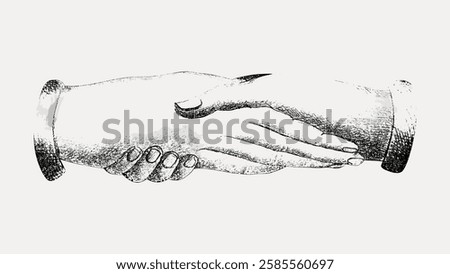 Vintage illustration of two hands shaking. Handshake symbolizes agreement, partnership, and cooperation. Detailed drawing of hands in a handshake gesture. Vintage art illustration, vector.