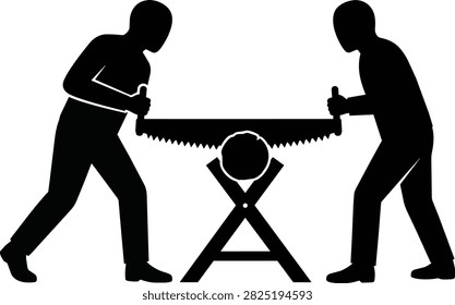 Vintage Illustration of Two Lumberjacks Using a Two-Man Crosscut Saw to Cut a Large Wood Log, Manual Forestry Work Vector