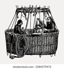 Vintage illustration of two men in a hot air balloon basket, engaged in scientific activities. The basket is detailed with ropes and equipment. Vintage art illustration, vector.