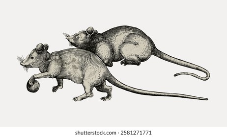 Vintage illustration of two mice. Detailed sketch of mice with long tails. Mice depicted in black and white, showcasing intricate fur and whiskers. Vintage animal illustration isolated, vector.