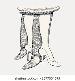 Vintage illustration of two pairs of legs in shoes. One pair in high heels, the other in brogues. Classic, detailed, and stylish footwear art. Vintage illustration isolated on white, vector.