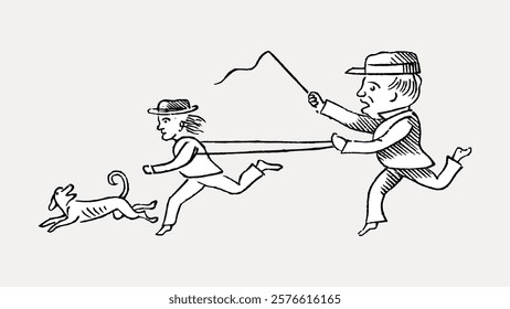 Vintage illustration of two people chasing a dog. The drawing shows a man and a woman running, with the dog leading the chase. Black and white sketch style. Vintage art drawing, isolated vector.