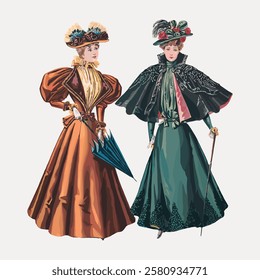 Vintage illustration of two women in Victorian dresses. Elegant Victorian fashion with hats, umbrellas, and capes. Historical Victorian attire for women. Vintage woman illustration isolated, vector.