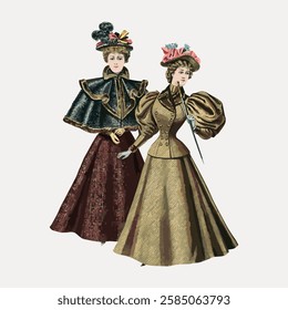 Vintage illustration of two women in Victorian dresses with hats. Elegant Victorian fashion with detailed hats and dresses. Historical fashion style. Vintage woman illustration isolated, vector.