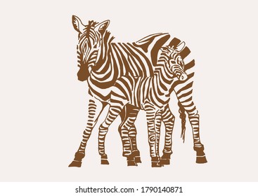 Vintage illustration of two zebras , sepia background, family
