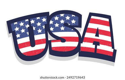 Ilustración de Antiguas de Estados Unidos. Tipografía de Vector de Estados Unidos con bandera estadounidense.