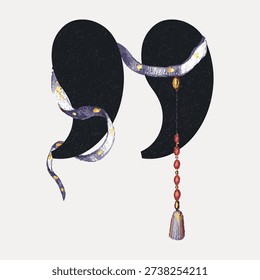 Vintage illustration vector of abstract black shapes with a purple ribbon and red beaded tassel. The design has a textured, classic artistic style.