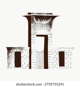 Vintage illustration vector of an ancient architectural structure with textured details, featuring columns and stone walls in a classic, aged style.