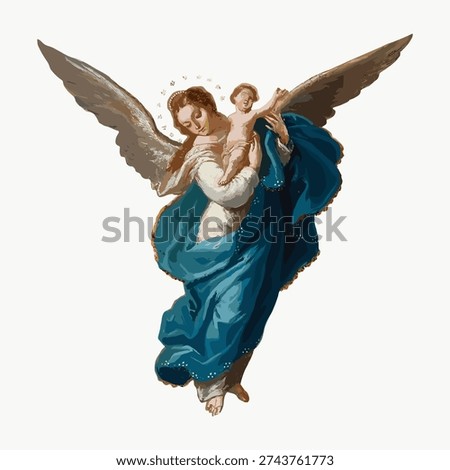 Vintage illustration vector of an angelic figure with wings, holding a child. The figures are depicted in flowing robes, conveying a serene, classical style.