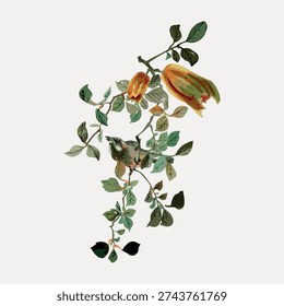 Vintage illustration vector of a bird perched on a leafy branch with flowers. The design features detailed foliage and a classic, timeless aesthetic.