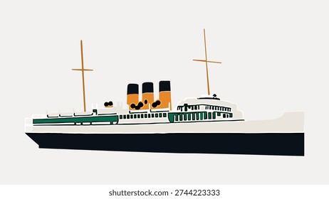 Vintage illustration vector of a classic steamship with two tall masts and three smokestacks, featuring a minimalist design and muted color palette.