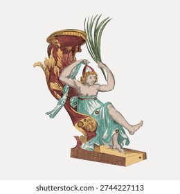 Vintage illustration vector of a classical figure in a flowing robe, holding a palm leaf, seated on an ornate structure with rich colors and intricate details.