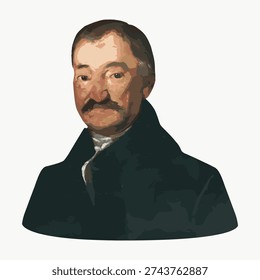 Vintage illustration vector of a distinguished man with a mustache, wearing a dark coat. The style reflects classic portraiture with muted tones.