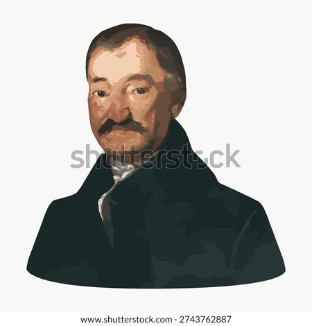 Vintage illustration vector of a distinguished man with a mustache, wearing a dark coat. The style reflects classic portraiture with muted tones.