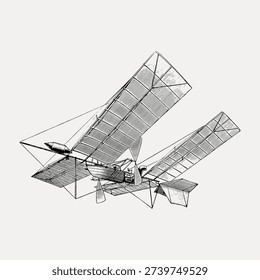 Vintage illustration vector of an early aircraft design, showcasing detailed line work and shading, capturing the essence of pioneering aviation technology.