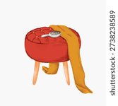 Vintage illustration vector of a red cushioned stool with wooden legs, featuring a hairbrush and a draped yellow scarf, evoking a classic, nostalgic feel.