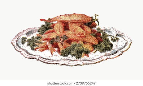 Vintage illustration vector of a roasted chicken on a platter with garnish. The detailed, retro style evokes a classic culinary presentation.