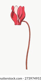 Vintage illustration vector of a single red flower with a long stem. The minimalist design highlights the delicate petals against a plain background.