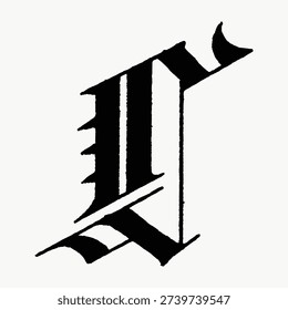 Vintage illustration vector of a stylized black letter 'L' in an ornate, gothic script, featuring bold lines and intricate detailing on a white background.