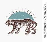 Vintage illustration vector of a tiger walking with a sunburst and half-moon design in the background, combining rustic and celestial elements.