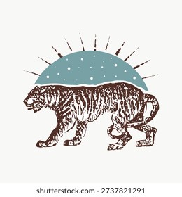 Vintage illustration vector of a tiger walking with a sunburst and half-moon design in the background, combining rustic and celestial elements.