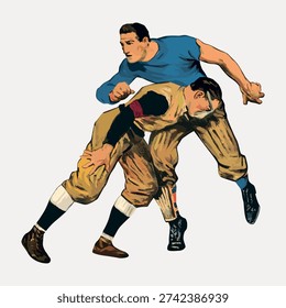 Vintage illustration vector of two men in early 20th-century football attire, engaged in a dynamic play. The image captures a classic sports moment.