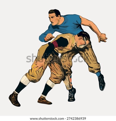 Vintage illustration vector of two men in early 20th-century football attire, engaged in a dynamic play. The image captures a classic sports moment.