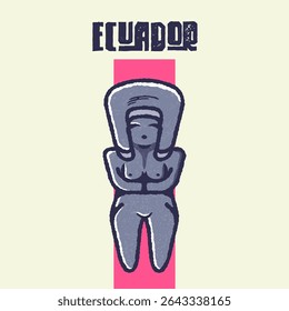 Ilustração vintage da Vênus de Valdivia com texto "Equador", arte pré-colombiana em estilo gráfico retrô.