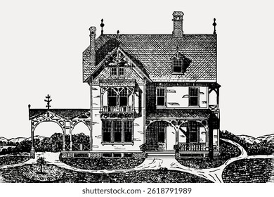Vintage illustration of a Victorian house. Detailed Victorian architecture with ornate design. Victorian house with intricate features and historical charm vector design.