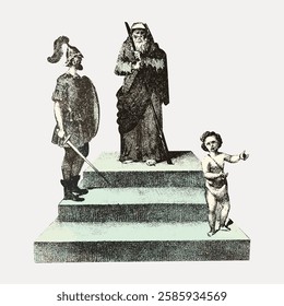 Vintage illustration of a warrior, an elderly figure, and a cherub on steps. The warrior holds a sword, the elder a staff, and the cherub gestures forward. Vintage art illustration, vector.