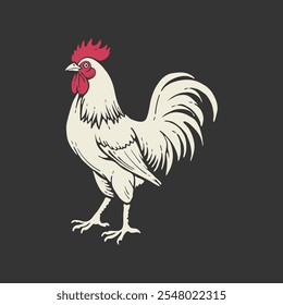 Vintage Illustration of a White Rooster on Dark Background.