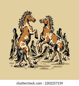 a vintage illustration of wild horses in a desert