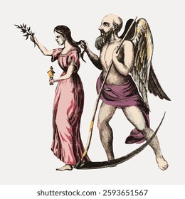 Vintage illustration of a winged, bearded man with a scythe and a woman in a pink dress holding a lamp and branch. Mythological scene with symbolic elements. Vintage illustration isolated, vector.