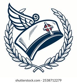 A vintage illustration of a winged cap, featuring a laurel wreath and a cross symbol. Perfect for adding a touch of history and tradition to your designs. Ideal for projects related to religion.