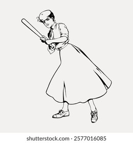 Vintage illustration of a woman in a baseball uniform, holding a bat. Retro style, female baseball player, classic sports attire, dynamic pose. Vintage illustration isolated on white, vector.