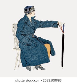 Vintage illustration of a woman in a blue coat and hat, sitting on a chair, holding an umbrella. Elegant, classic fashion, vintage style, blue coat, umbrella. Vintage woman illustration vector.