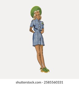 Vintage illustration of a woman in a blue striped dress and green shoes, with a green hat. Retro fashion, classic style, elegant pose, timeless look. Vintage woman illustration vector.