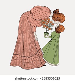 Vintage illustration of a woman and child with red hair, in long dresses, sharing a moment with flowers. Nostalgic, tender, and charming scene. Vintage woman illustration vector.