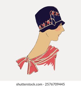 Vintage illustration of a woman in a cloche hat. The woman wears a stylish cloche hat, with a red scarf. Elegant and classic cloche hat design. Vintage illustration isolated on white, vector.