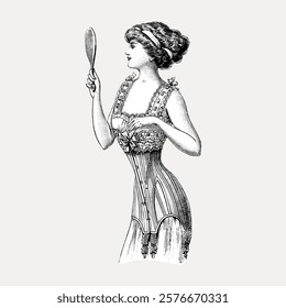 Vintage illustration of a woman in a corset, holding a mirror. The corset is detailed, emphasizing the vintage style. The woman is depicted in a classic pose. Vintage illustration isolated, vector.