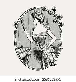 Vintage illustration of a woman in a corset, holding a mirror. Elegant, ornate design with floral accents. Classic fashion, timeless style, corset elegance. Vintage woman illustration vector.