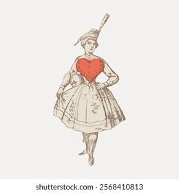 Vintage illustration of a woman in a dress with a large red heart. The woman wears a hat and holds a fan. The heart and dress are central to the design. Vintage art, isolated vector element.