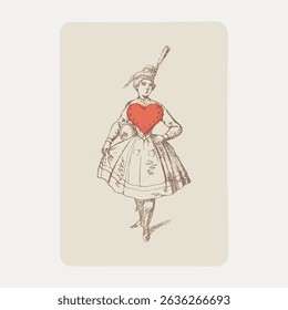 Vintage illustration of a woman in a dress with a large red heart. The woman wears a hat, embodying a classic, artistic style with a heart motif. Vintage character art illustration vector.