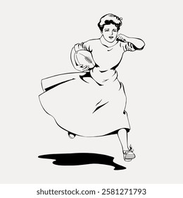 Vintage illustration of a woman in a dress running with a rugby ball. Retro style, dynamic pose, classic sports theme. Black and white sketch. Vintage woman illustration isolated on white, vector.