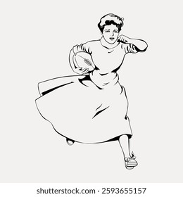 Vintage illustration of a woman in a dress running with a football. The woman appears determined, holding the football tightly while running forward. Vintage illustration isolated on white, vector.